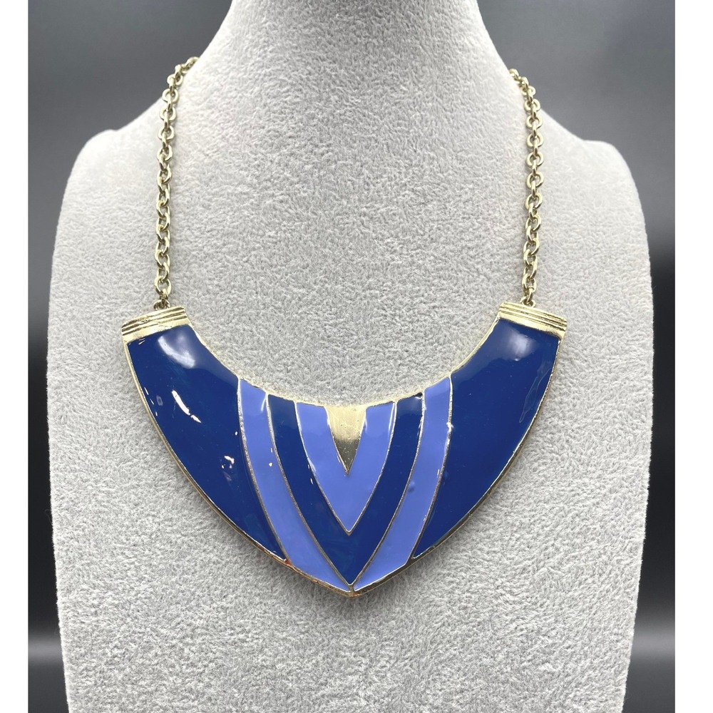 Vintage 80s Blue Enamel Gold Tone Art Deco Revival Bib Necklace